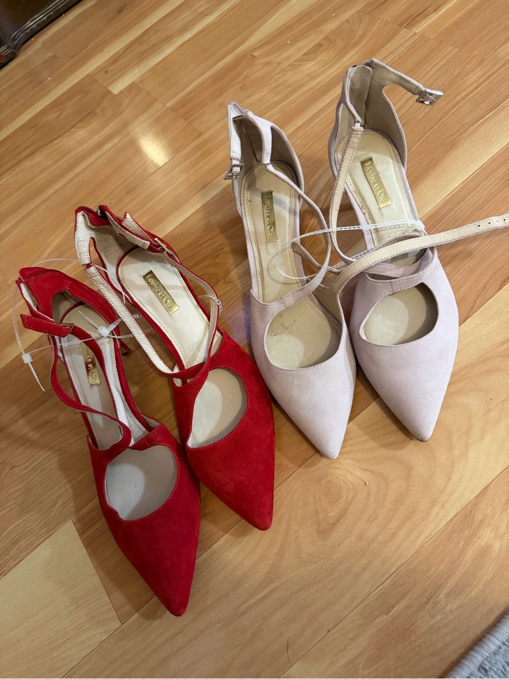 Louise et Cie Red and Light Pink Ankle-Strap Pointed-Toe 3’ inch Heels